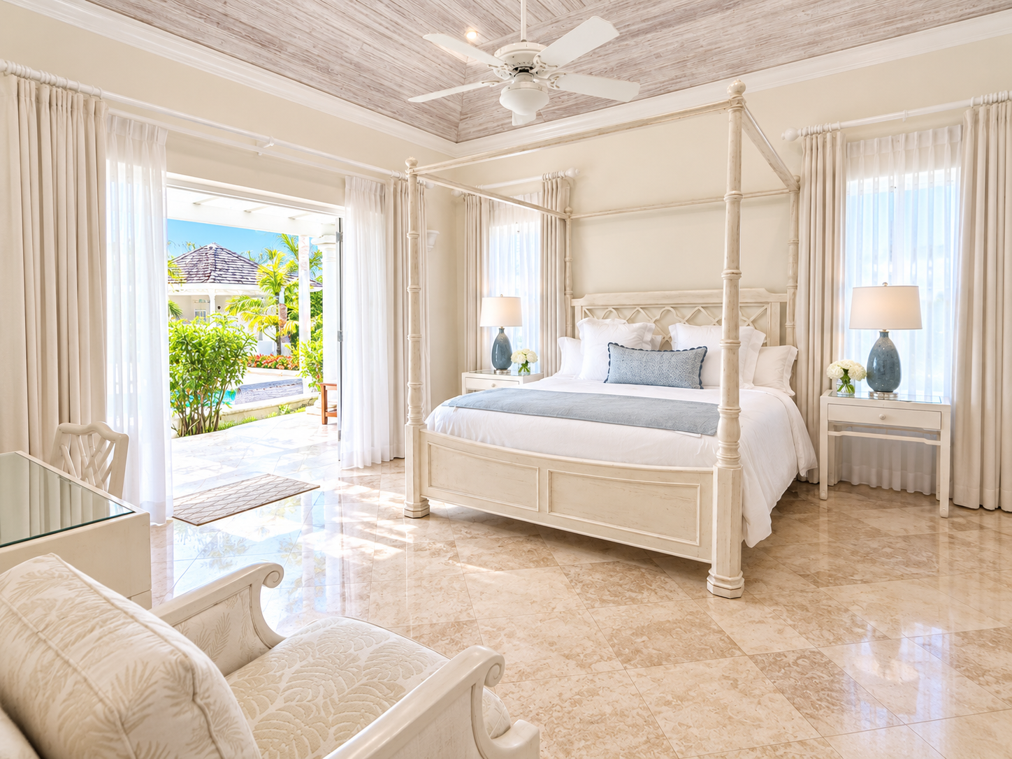 Bedroom overlooking the pool at Carlton Ridge
